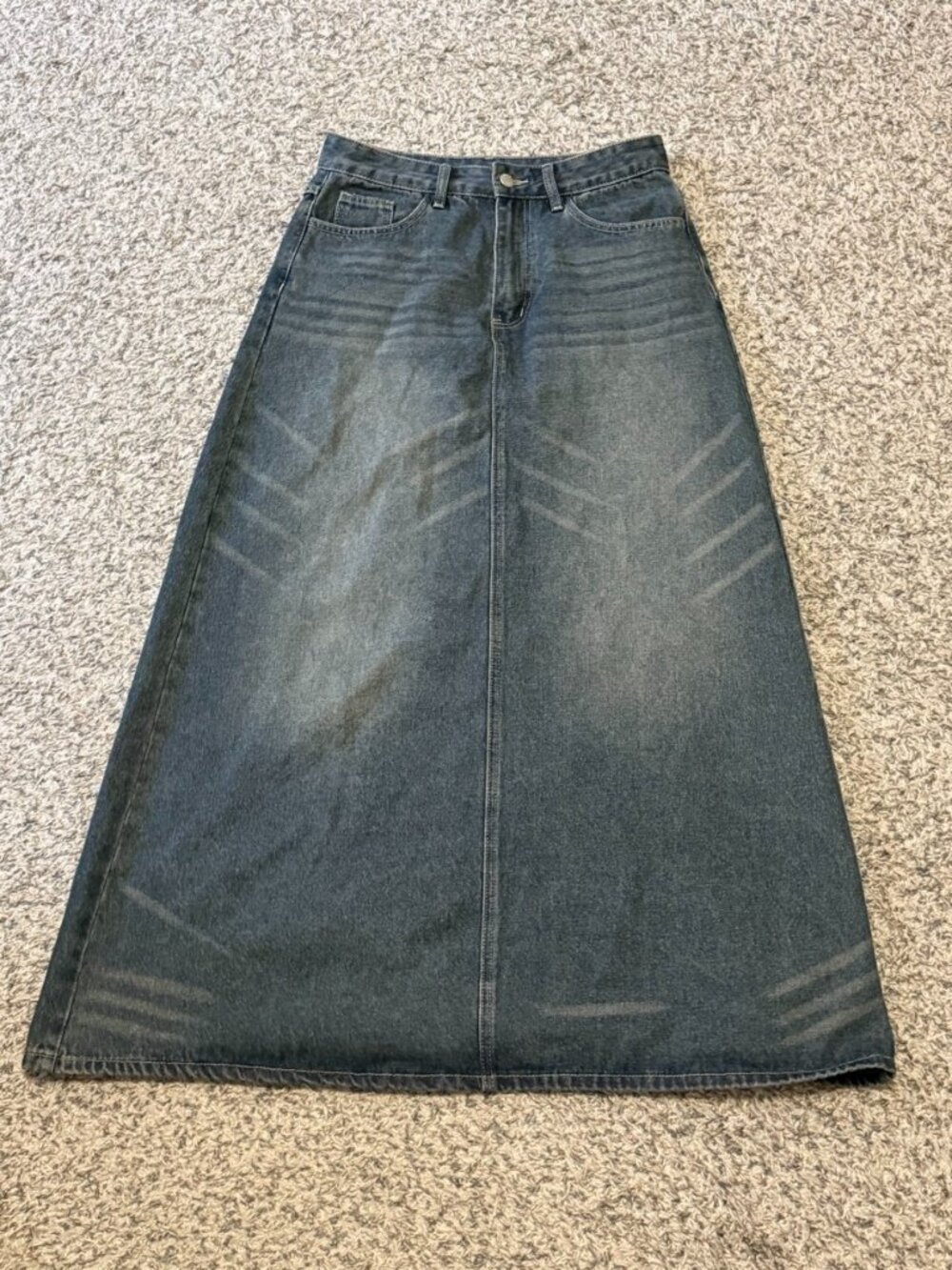 Denim Mid Waist Solid Pocket Maxi Skirt (Cider)